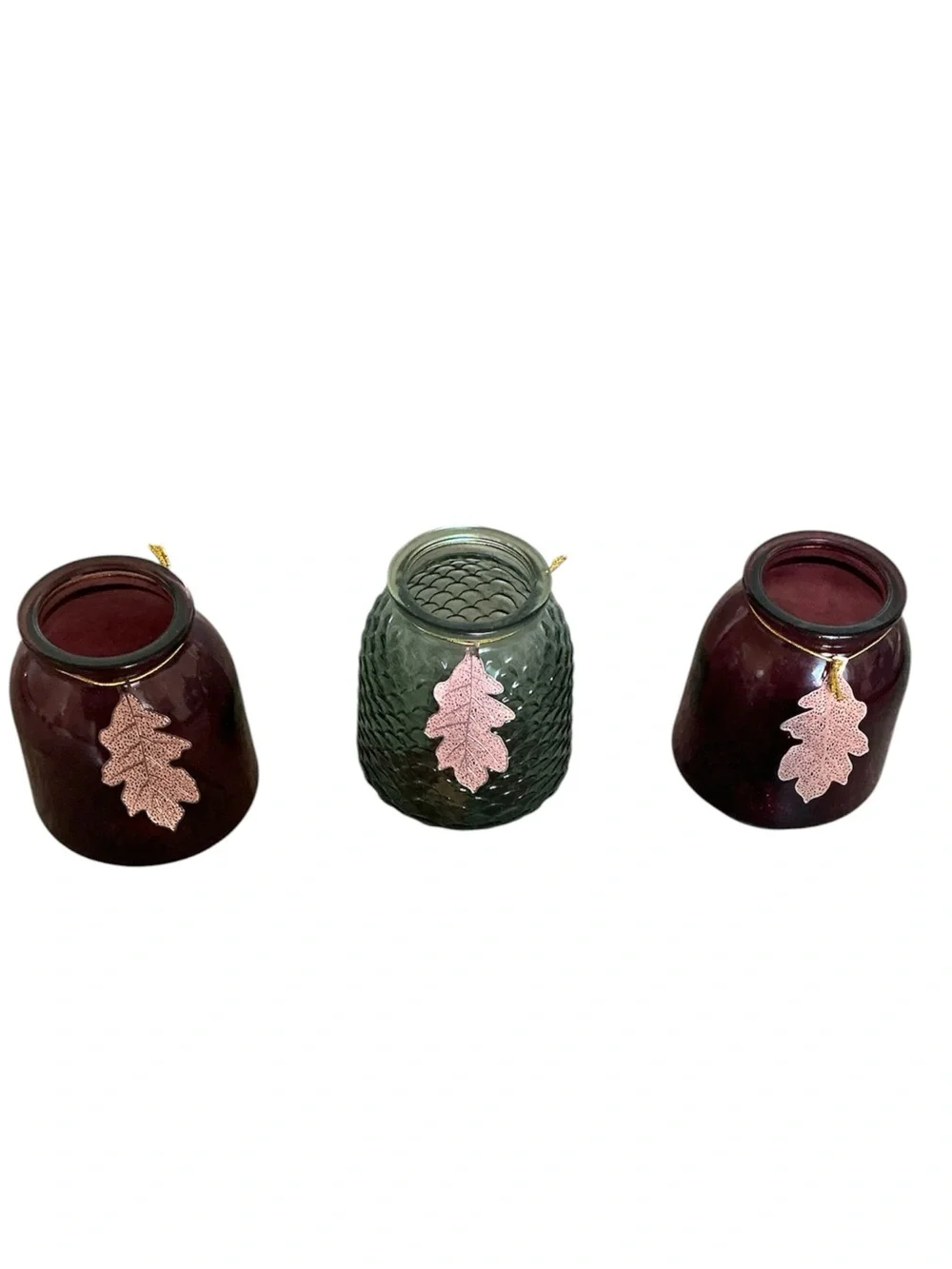 Decorative Glass Votive Trio with Pink Leaf Charms